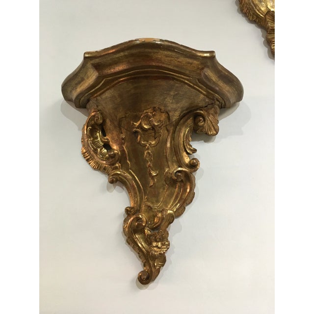 Pair of 19th Century Italian Rococo Giltwood Wall Shelves With Original Gold Leaf For Sale - Image 4 of 12
