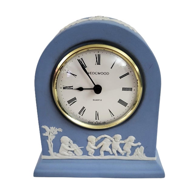 Ceramic Vintage English Blue Jasperware Neoclassical Wedgewood Shelf Desk Clock For Sale - Image 7 of 12