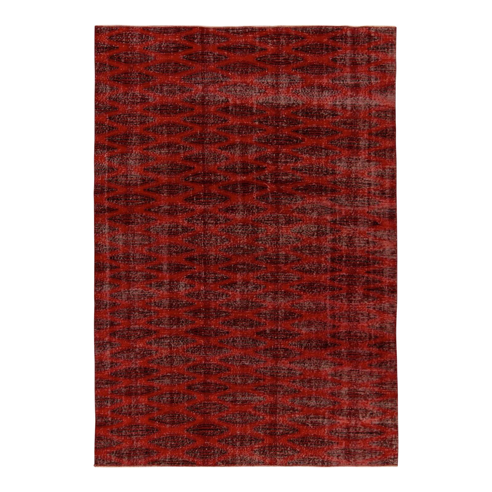 1960s Vintage Distressed Deco Rug in Red & Black Geometric Pattern ...