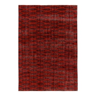 1960s Vintage Distressed Deco Rug in Red & Black Geometric Pattern For Sale