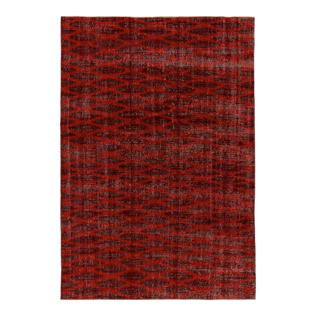 1960s Vintage Distressed Deco Rug in Red & Black Geometric Pattern For Sale