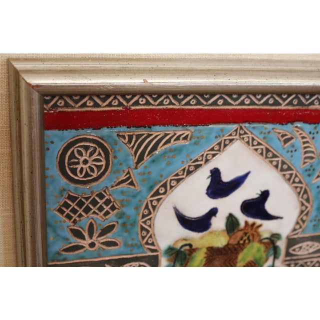 Awret Original Painted Ceramic Relief Tile Depicting Woman With Basket of Fruit, Signed and Framed For Sale - Image 6 of 17