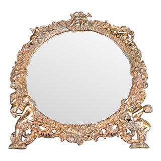 19th Century Cast Bronze Hanging Mirror With Figural Decorations Featuring Detailed Cherubs For Sale