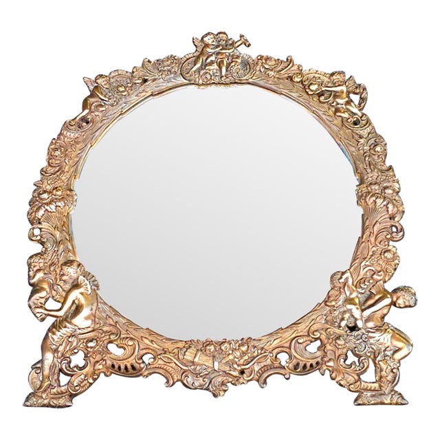 19th Century Cast Bronze Hanging Mirror With Figural Decorations Featuring Detailed Cherubs For Sale