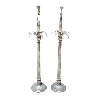 Hollywood Regency Palm Tree Table Lamps Silver Gilt Tole, a Pair For Sale