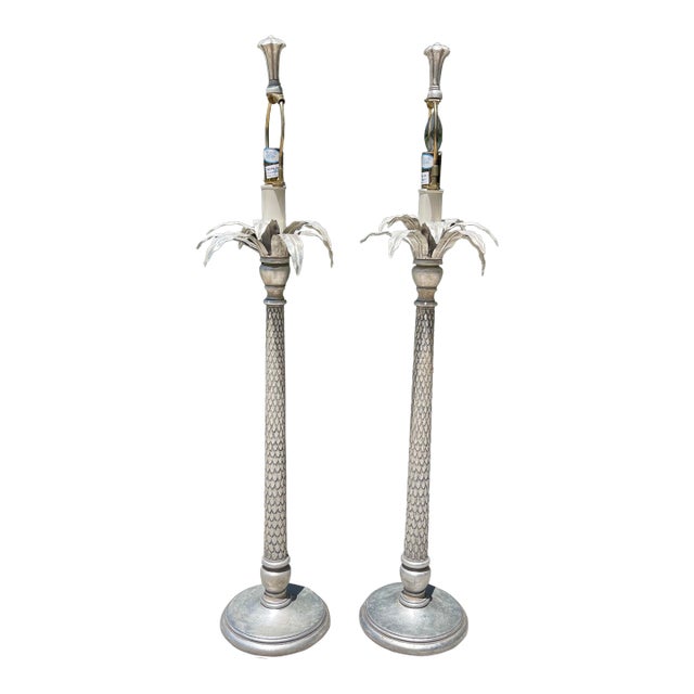 Hollywood Regency Palm Tree Table Lamps Silver Gilt Tole, a Pair For Sale
