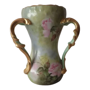 1904 Art Nouveau T Sc v Limoges France 3 Handled Hand Painted Roses Chalice Vase