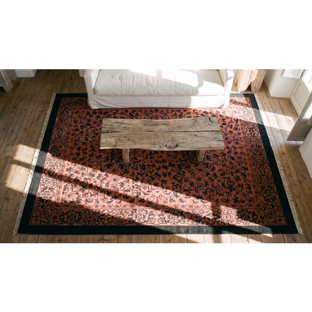 Red Beautiful Coral Red Background and Black Border Color With Chinoiserie Pattern Antique Chinese Art Deco Rug For Sale - Image 8 of 8