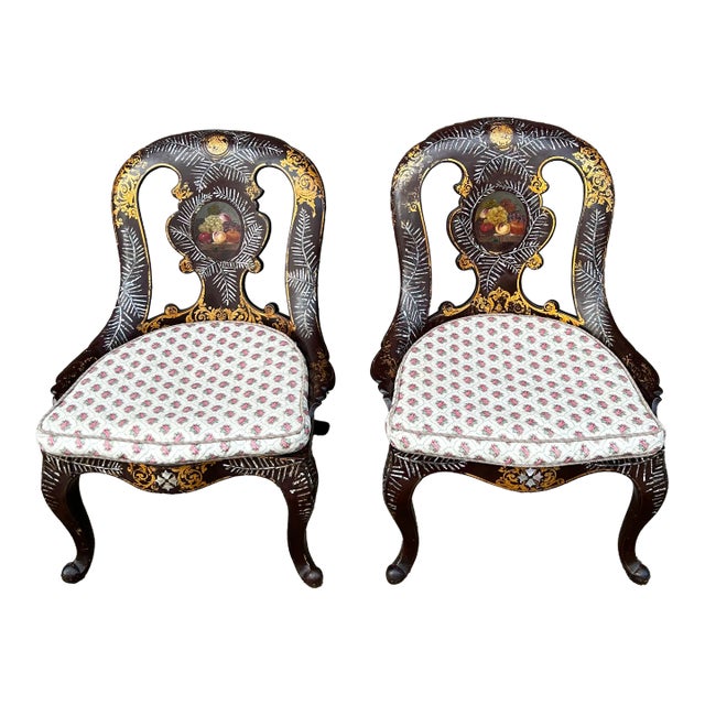 Pair of Mid Victorian Mother of Pearl Inlaid Papier Mâché Gilt Decor Set of Chairs For Sale