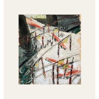 Mid 20th Century Vintage European Multi-Color Abstract Expressionist Acrylic Painting on Paper With Mat, Artist Unknown For Sale