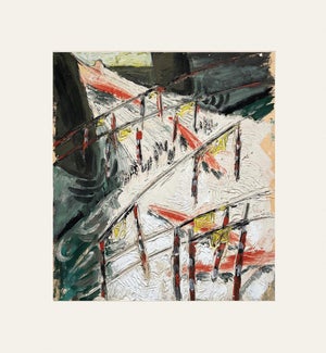 Mid 20th Century Vintage European Multi-Color Abstract Expressionist Acrylic Painting on Paper With Mat, Artist Unknown