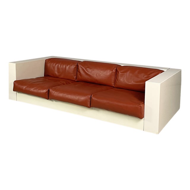 Italian Modern White Wood and Brown Leather Sofa by Massimo and Lella Vignelli for Poltronova, 1980s For Sale
