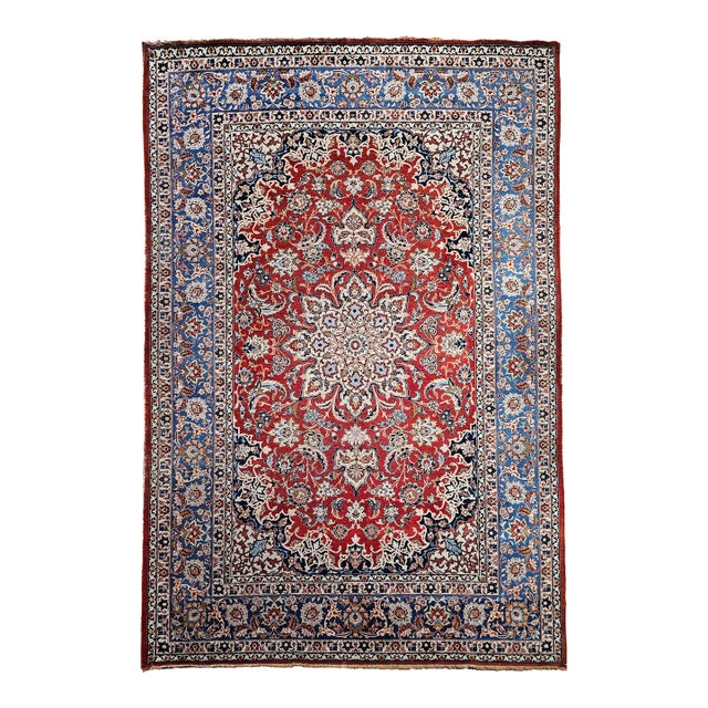 Vintage Room Size Persian Isfahan Rug, Handwoven Floral Pattern, Red & Blue, 9’ X 12’ For Sale