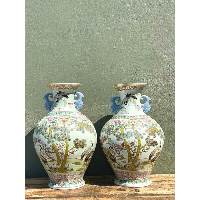 Vintage Asian Hand Painted Crane Urns - A Pair For Sale - Image 12 of 12