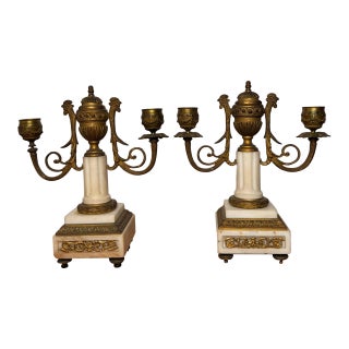 Pair of French Empire Style 19 Century Pair of Marble & Gilt Bronze Candle Sticks With Rooster Heads For Sale