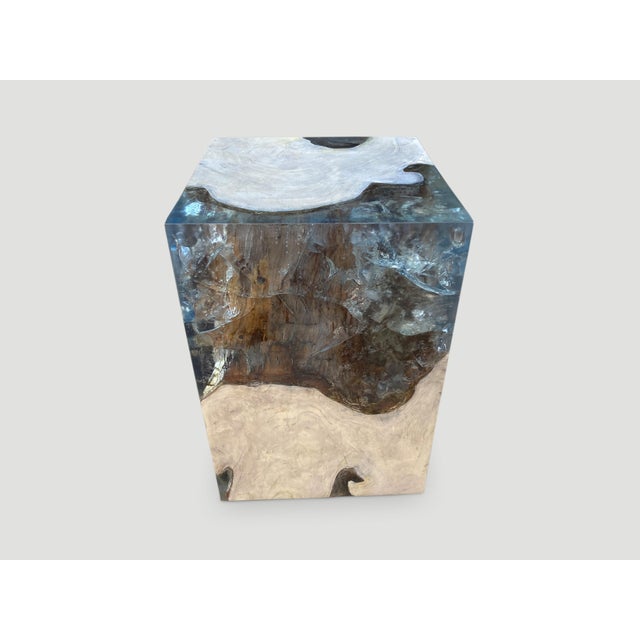 The St. Barts side table is a unique variation of the teak and cracked resin cube. Ice blue, aqua resin or new to 2022...