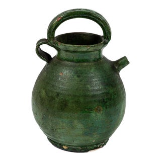 Antique French Green Glaze Terracotta Water Pitcher, Provence, France, C. 1900 For Sale
