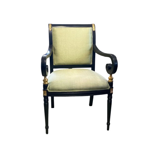 This exquisite Mid Century French style black lacquer wood armchair with gold details newly upholstered with vibrant lemon...