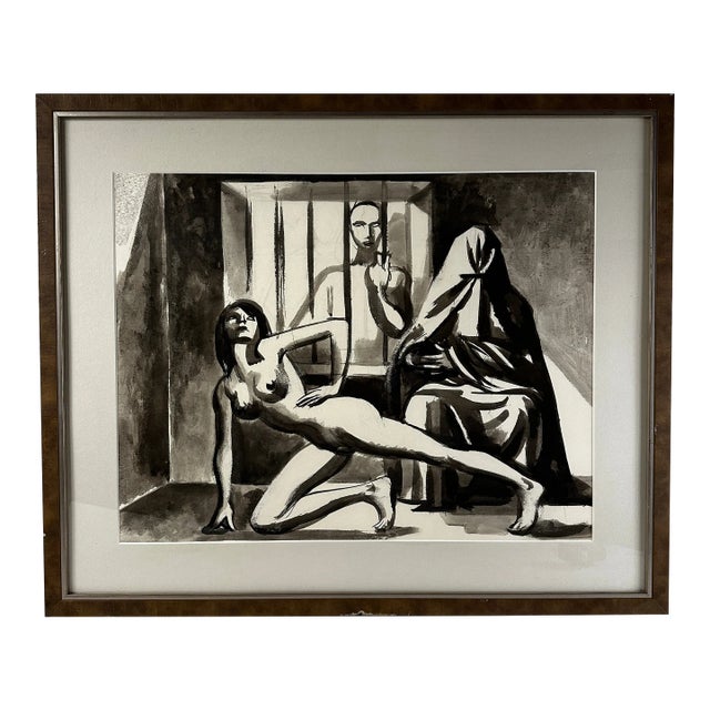 Mid 20th Century Figurative Watercolor and Gouache Painting by Andre Dufour, Framed For Sale