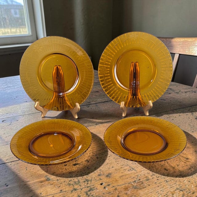 This set of four 9'' dishes features a vintage floral pattern in a vibrant amber color. Made of Depression Glass, these...