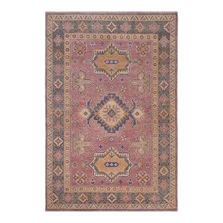 Rustic Kazak Southwestern Purple/Light Blue Wool Rug - 4'0''x5'10'' For Sale