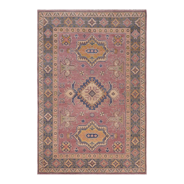Rustic Kazak Southwestern Purple/Light Blue Wool Rug - 4'0''x5'10'' For Sale
