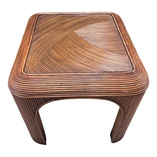 Vintage Pencil Reed Rattan Side Table With Glass Top For Sale