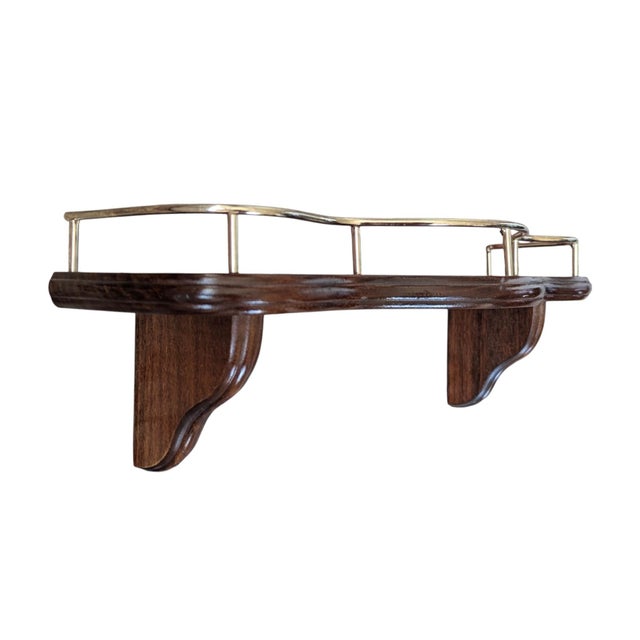 Brown Vintage Wooden Wall Shelf With Brass Railing For Sale - Image 8 of 14