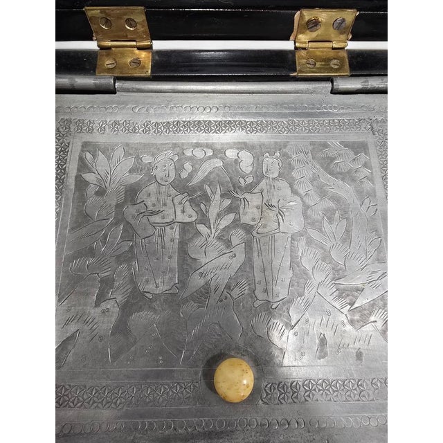 19th Century Chinese Lacquer Box with Engraved Metal Interior For Sale - Image 9 of 13
