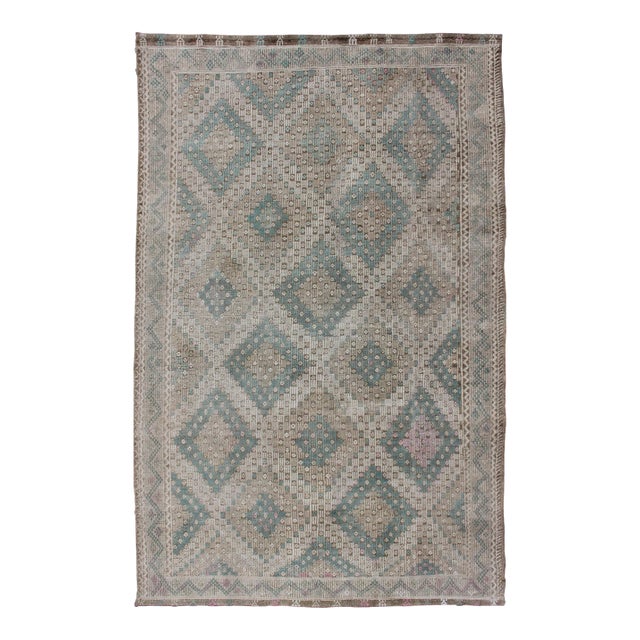Vintage Turkish Kilim Rug in Soft Teal, Beige, and Taupe With Diamond Pattern For Sale