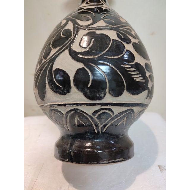 Chinese Ceramic Vase Cizhou Ware Black Glaze Porcelain Yuhuchun Vase Hand Carved Flowers Pattern For Sale - Image 9 of 11