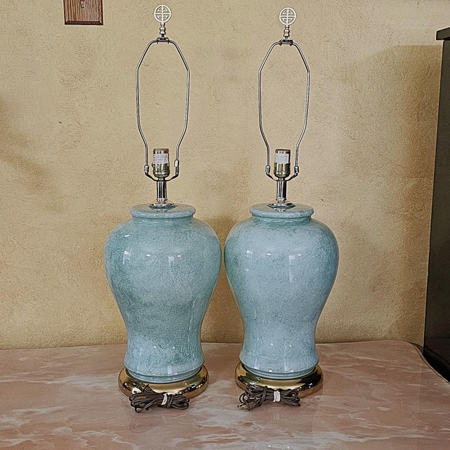 Pair of Vintage Celadon Glazed Ceramic Ginger Jar Table Lamps For Sale In Washington DC - Image 6 of 18