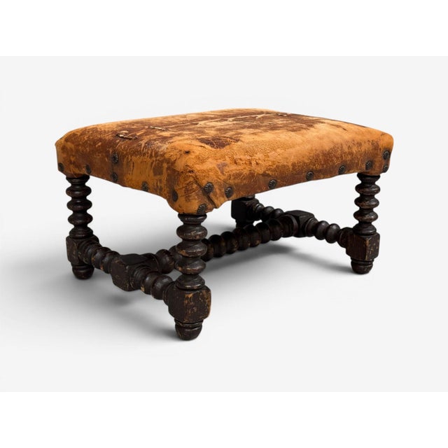 Baroque, Small Footstool, Leather, Turned Walnut, 19th C. For Sale - Image 4 of 12