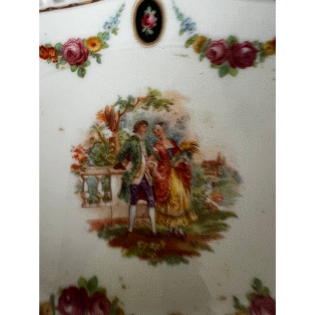 1940s German Porcelain Pierced Handled Tray With Courting Couple and Floral Garlands For Sale - Image 4 of 6