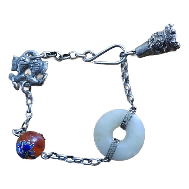 Silverplate Carnelian and White Jade Charm Bracelet For Sale