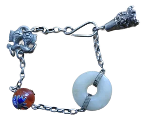 Silverplate Carnelian and White Jade Charm Bracelet