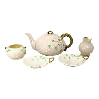 Belleek Shamrock Basketweave Irish Tea Serving Set 6th Green Mark For Sale