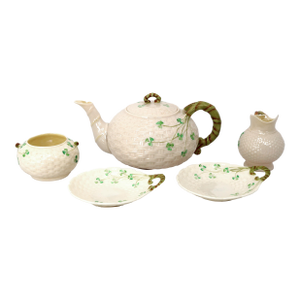 Belleek Shamrock Basketweave Irish Tea Serving Set 6th Green Mark