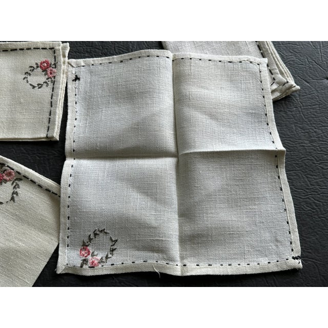 Linen Vintage Handmade Linen Cocktail Napkins With Floral Hand Embroidery Detail Set of 4 For Sale - Image 8 of 12