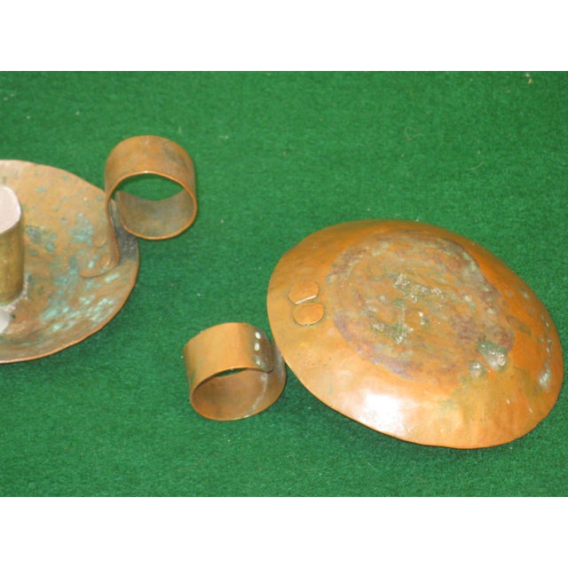 Arts & Crafts Early 20th Century Pair Arts & Crafts Copper Candle Holders, Hand Hammered For Sale - Image 3 of 9