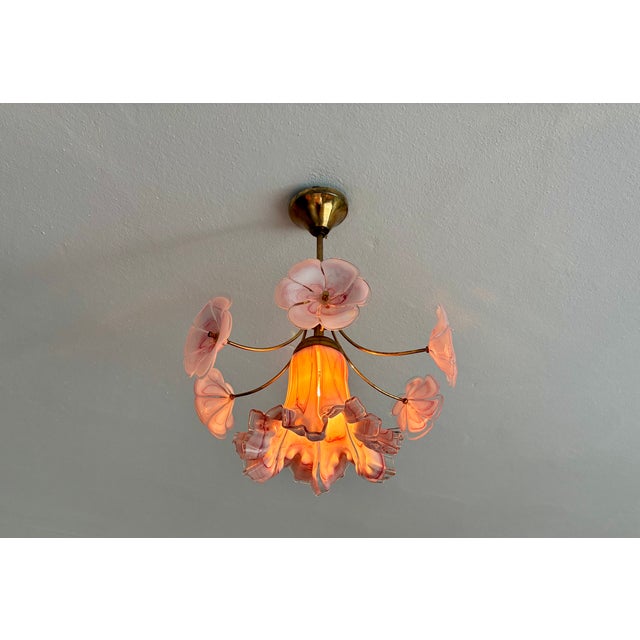 Vintage Murano Glass Ruffled Floral Pendant Light – Pink Swirl & Daisy Shades For Sale - Image 4 of 18