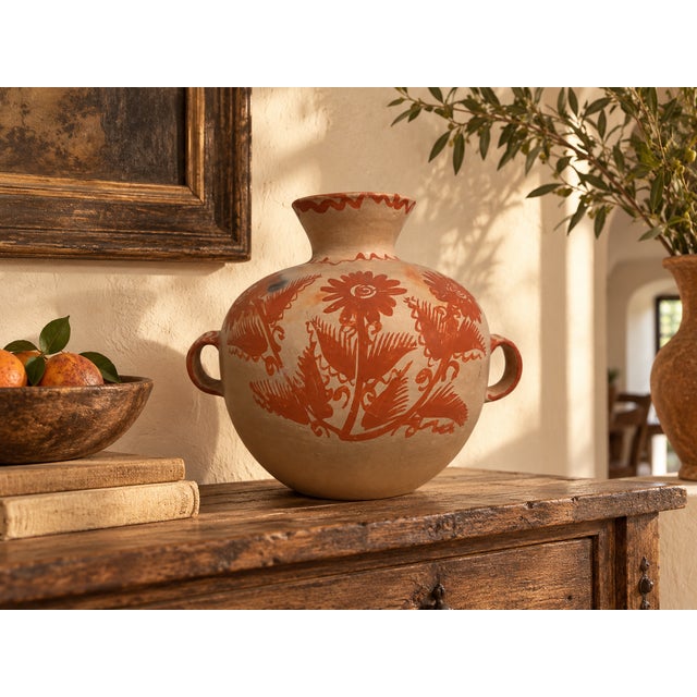 Vintage Mexican Folk Art Pottery Vase With Hand-Painted Terracotta Florals For Sale - Image 10 of 10