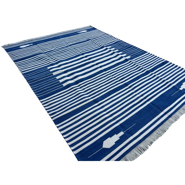Handmade Denim Blue and White Cotton Vegetable Dyed Striped Rug - 6'x9' For Sale - Image 6 of 11