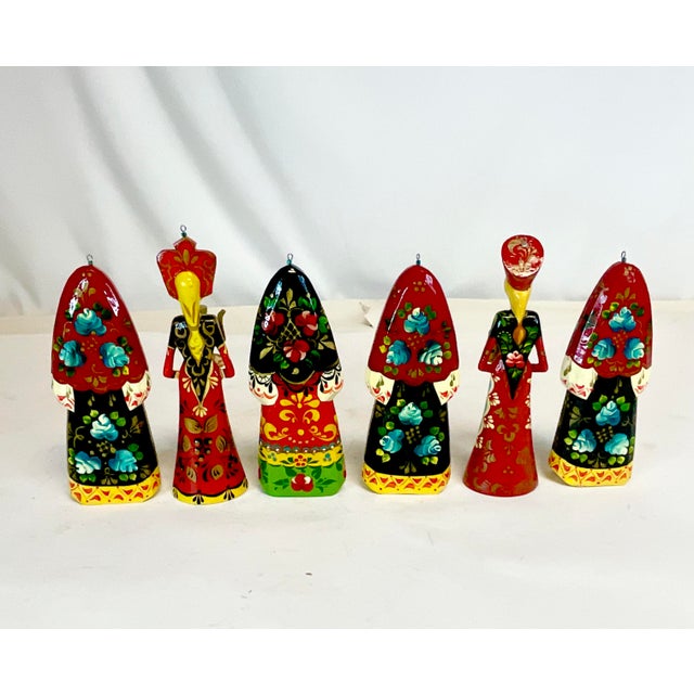 Wood 1990s Vintage Boho Chic Russian Hand Crafted Christmas Ornaments Set of 6 - Medium Size For Sale - Image 7 of 10