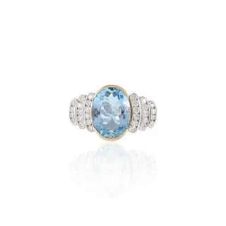 18k Gold Certified 3.25ct Aquamarine Cluster Diamond Revival Cocktail Ring Size 7 For Sale