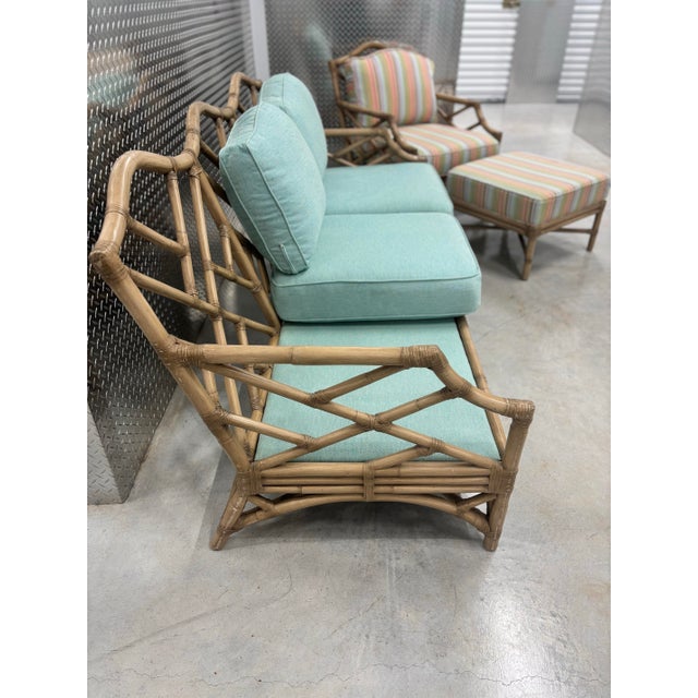 2020s David Francis Attributed Chippendale Rattan Sofa Set. Couch, Chair and Ottoman, Used, Like New, for Fraction of Price. For Sale - Image 5 of 12