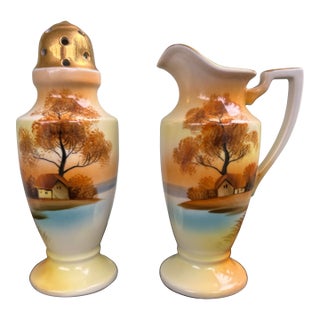 Vintage Noritake “Tree in the Meadow” Hand-Painted Berry Sugar Shaker & Creamer Set, Japan For Sale
