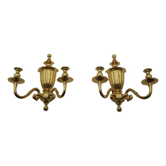 1980s Pair of Brass Wall 2 Candle Sconces For Sale