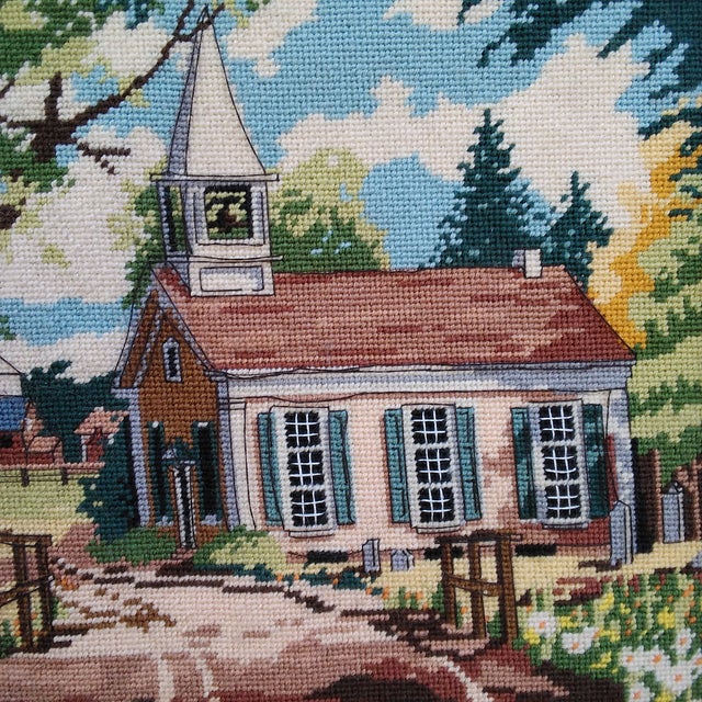 1970s Framed Needlepoint Country Scene Church With Steeple For Sale In Las Vegas - Image 6 of 12