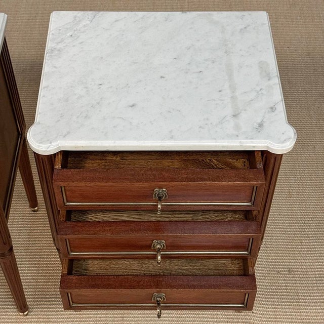 Pair Early 20th Century French Louis XVI Style Mahogany Marble Top Nightstands in the Manner of Maison Jansen For Sale - Image 16 of 18